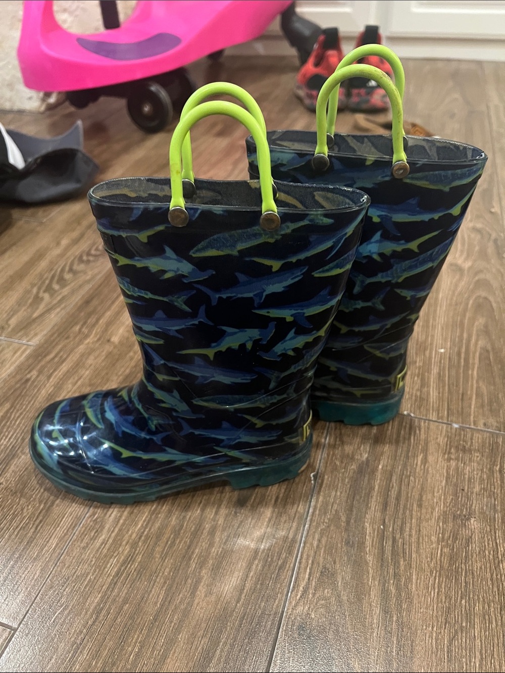 Western Chief Kids Shark-Print Rain Boots in Navy, Teal & Neon Green